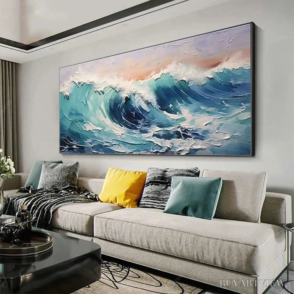 ARTOVITAS Cresting Wave – Textured Ocean Painting, Turquoise Wave , Panoramic Canvas, Seascape Decor - image 5