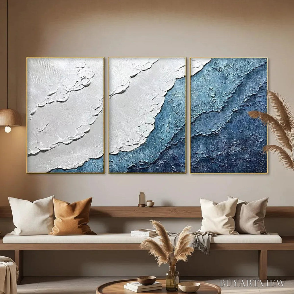 ARTOVITAS Textured Oceanscape Triptych – Textured Abstract Painting Set of 3 - image 5