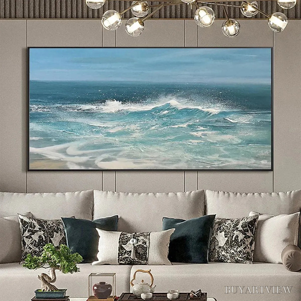 ARTOVITAS Azure Crests – Dynamic Seascape Painting, Panoramic - image 2