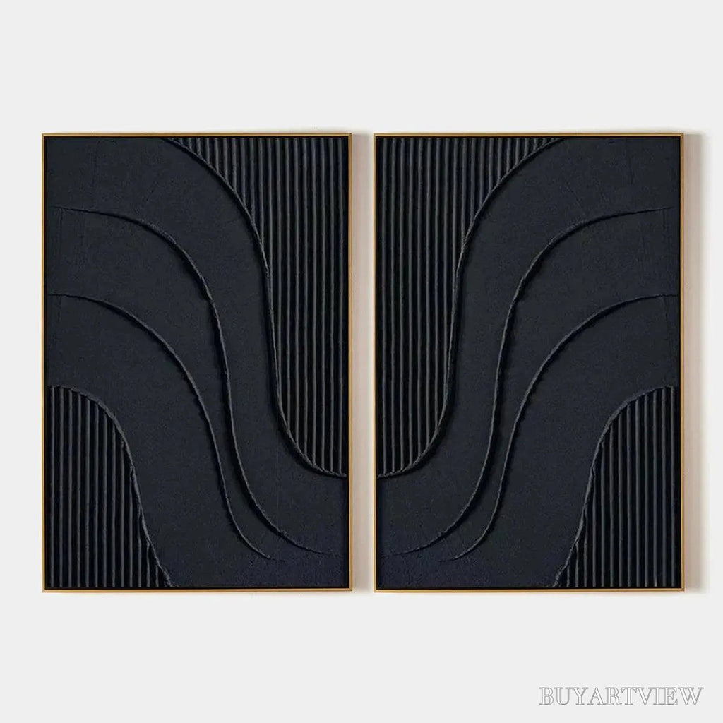 ARTOVITAS Black Textured Waves Diptych – Textured Abstract Painting Set of 2, Vertical - image 1