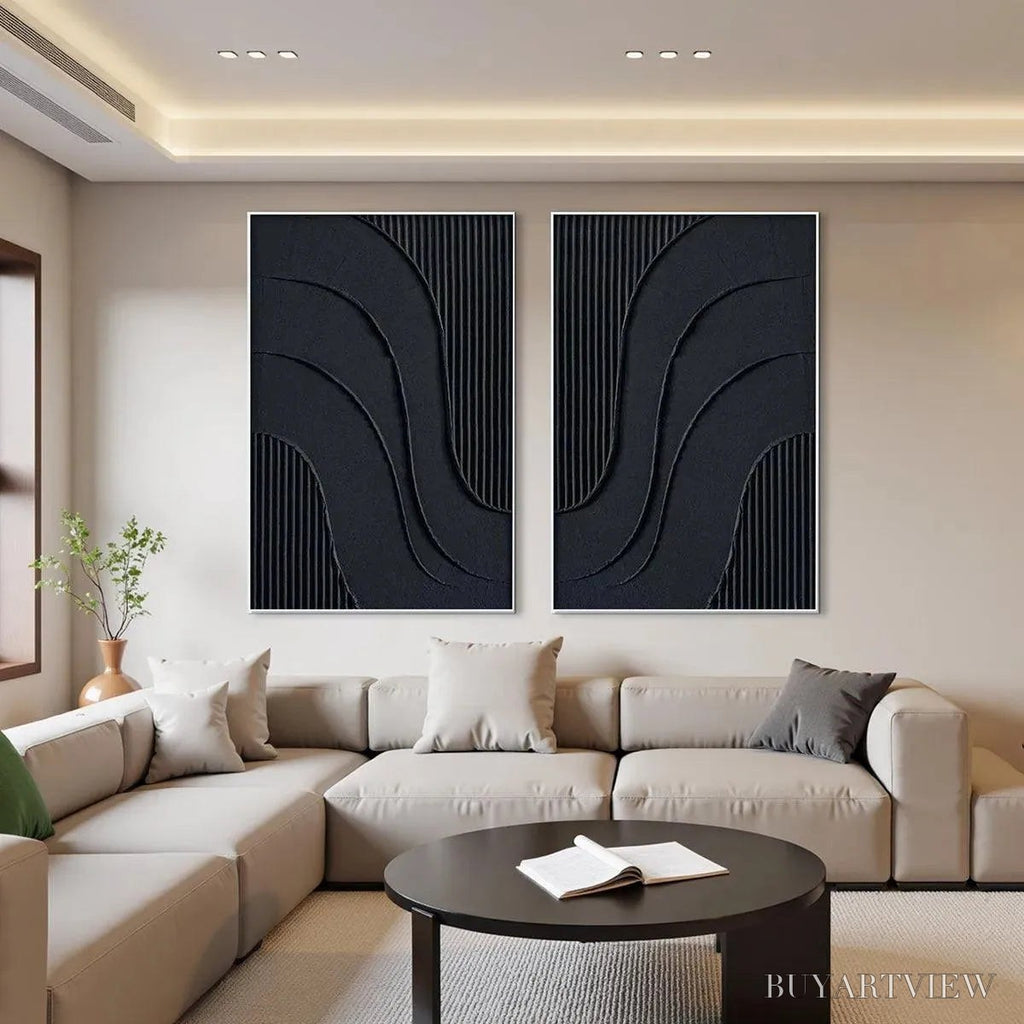 ARTOVITAS Black Textured Waves Diptych – Textured Abstract Painting Set of 2, Vertical - image 2