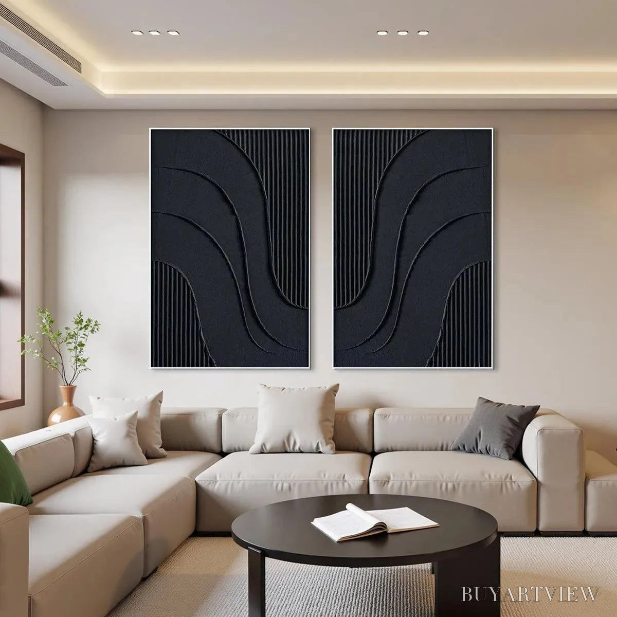 ARTOVITAS Black Textured Waves Diptych – Textured Abstract Painting Set of 2, Vertical - image 2