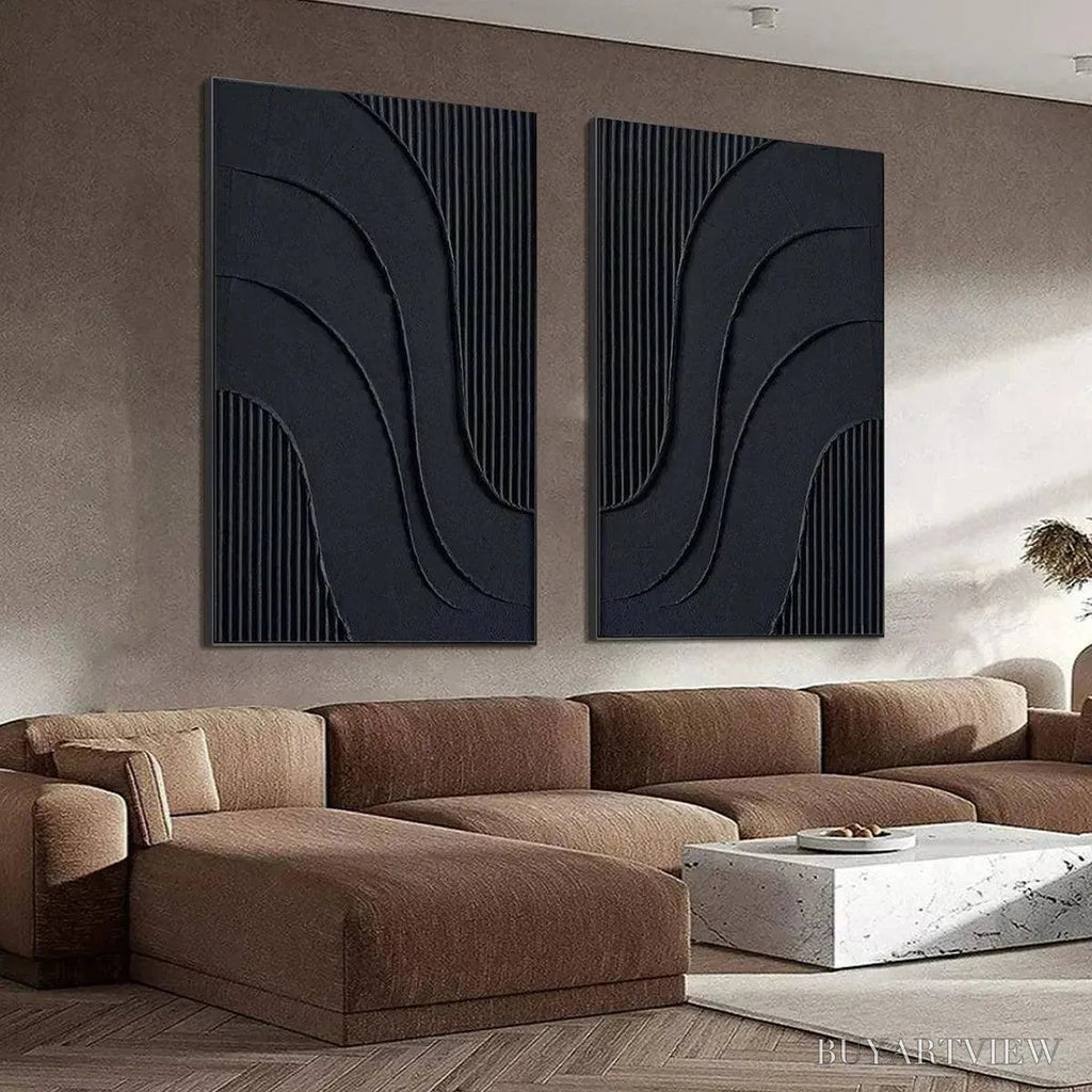 ARTOVITAS Black Textured Waves Diptych – Textured Abstract Painting Set of 2, Vertical - image 4