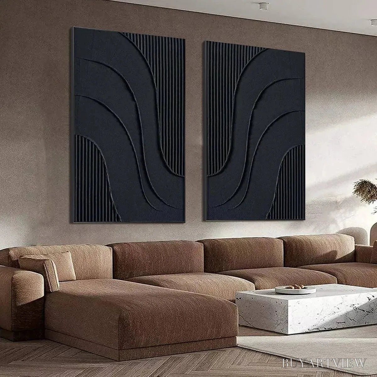 ARTOVITAS Black Textured Waves Diptych – Textured Abstract Painting Set of 2, Vertical - image 4