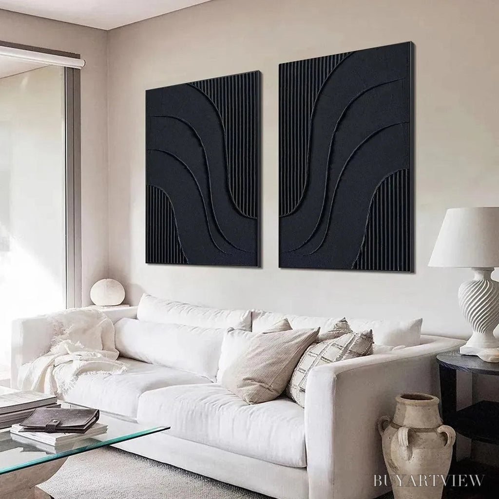 ARTOVITAS Black Textured Waves Diptych – Textured Abstract Painting Set of 2, Vertical - image 5