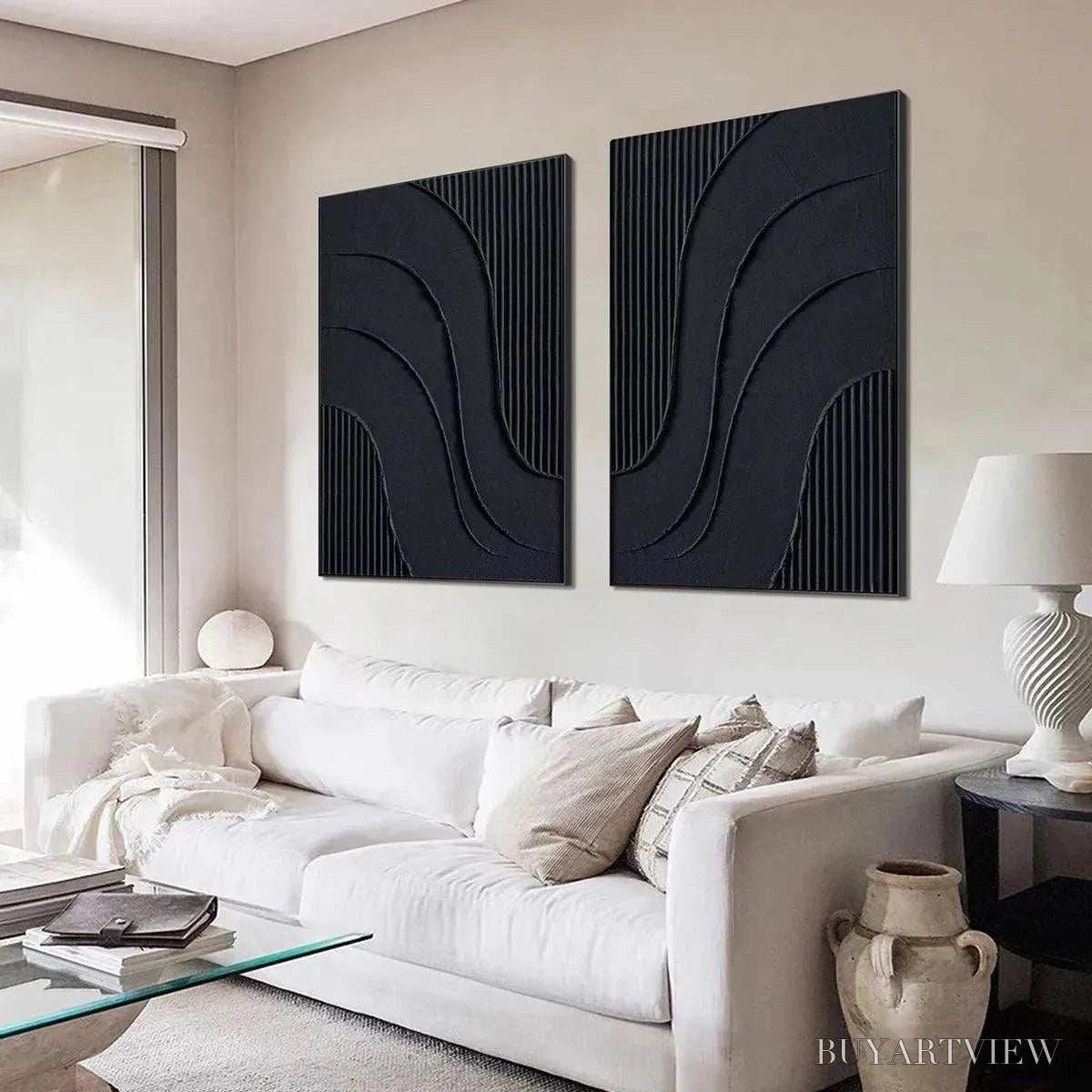 ARTOVITAS Black Textured Waves Diptych – Textured Abstract Painting Set of 2, Vertical - image 5