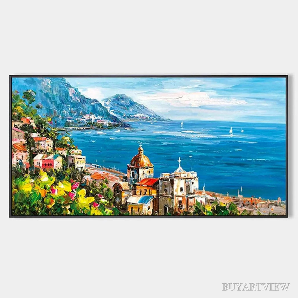 ARTOVITAS Coastal Mediterranean Town – Vibrant Coastal Landscape Painting, Panoramic - image 1