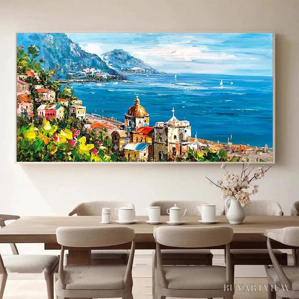 ARTOVITAS Coastal Mediterranean Town – Vibrant Coastal Landscape Painting, Panoramic - image 2