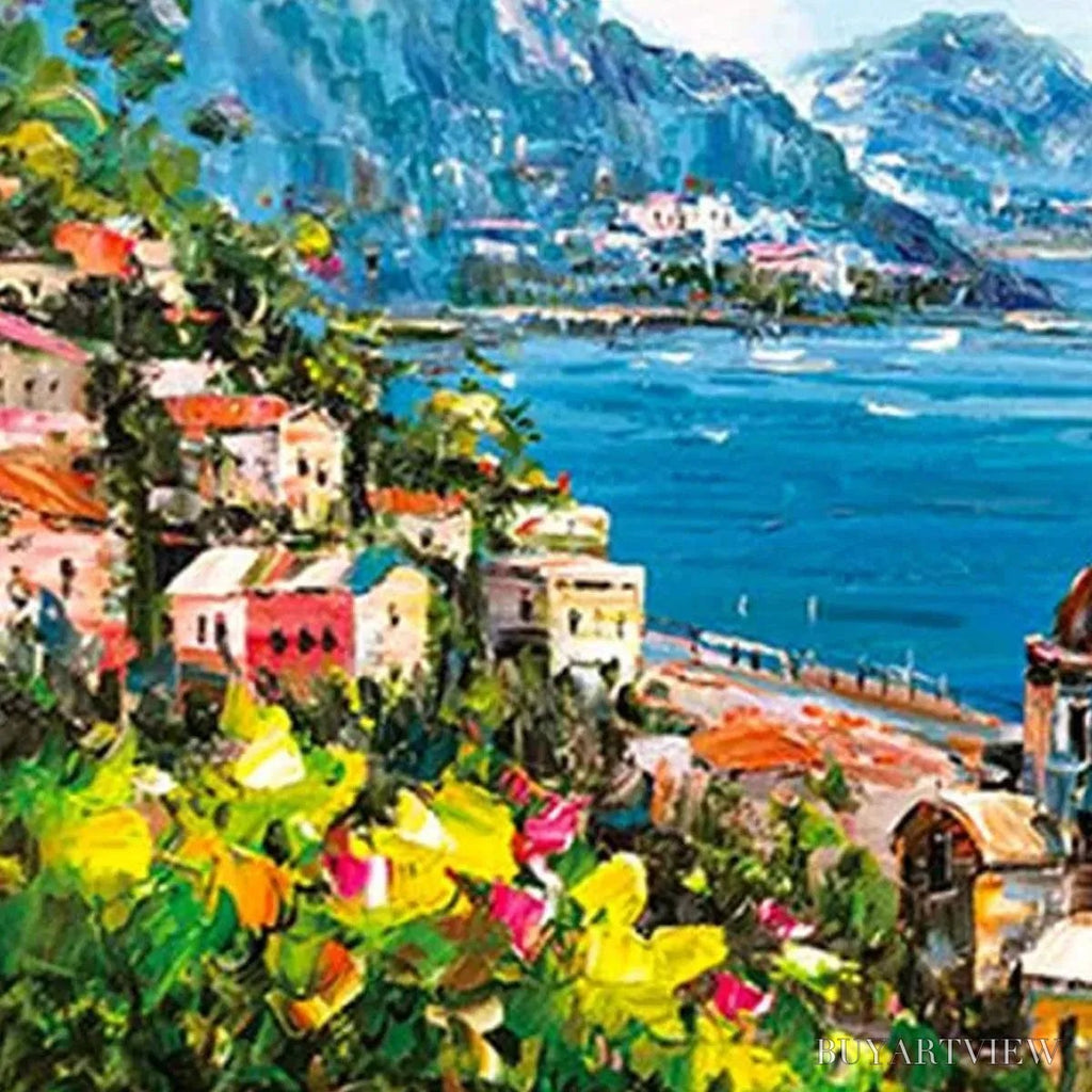 ARTOVITAS Coastal Mediterranean Town – Vibrant Coastal Landscape Painting, Panoramic - image 3