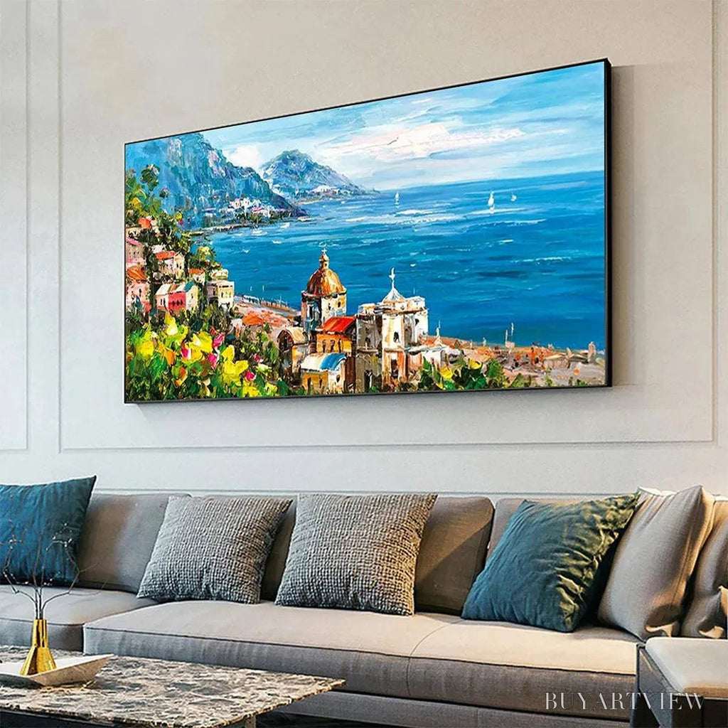 ARTOVITAS Coastal Mediterranean Town – Vibrant Coastal Landscape Painting, Panoramic - image 4