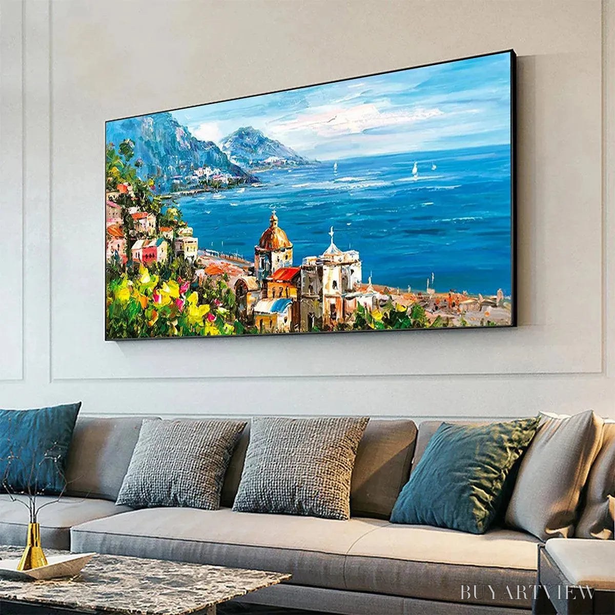 ARTOVITAS Coastal Mediterranean Town – Vibrant Coastal Landscape Painting, Panoramic - image 4