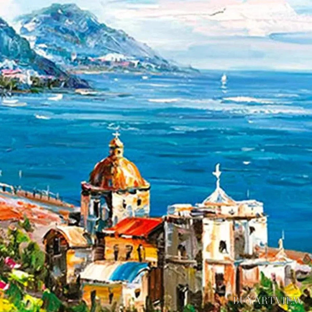 ARTOVITAS Coastal Mediterranean Town – Vibrant Coastal Landscape Painting, Panoramic - image 6