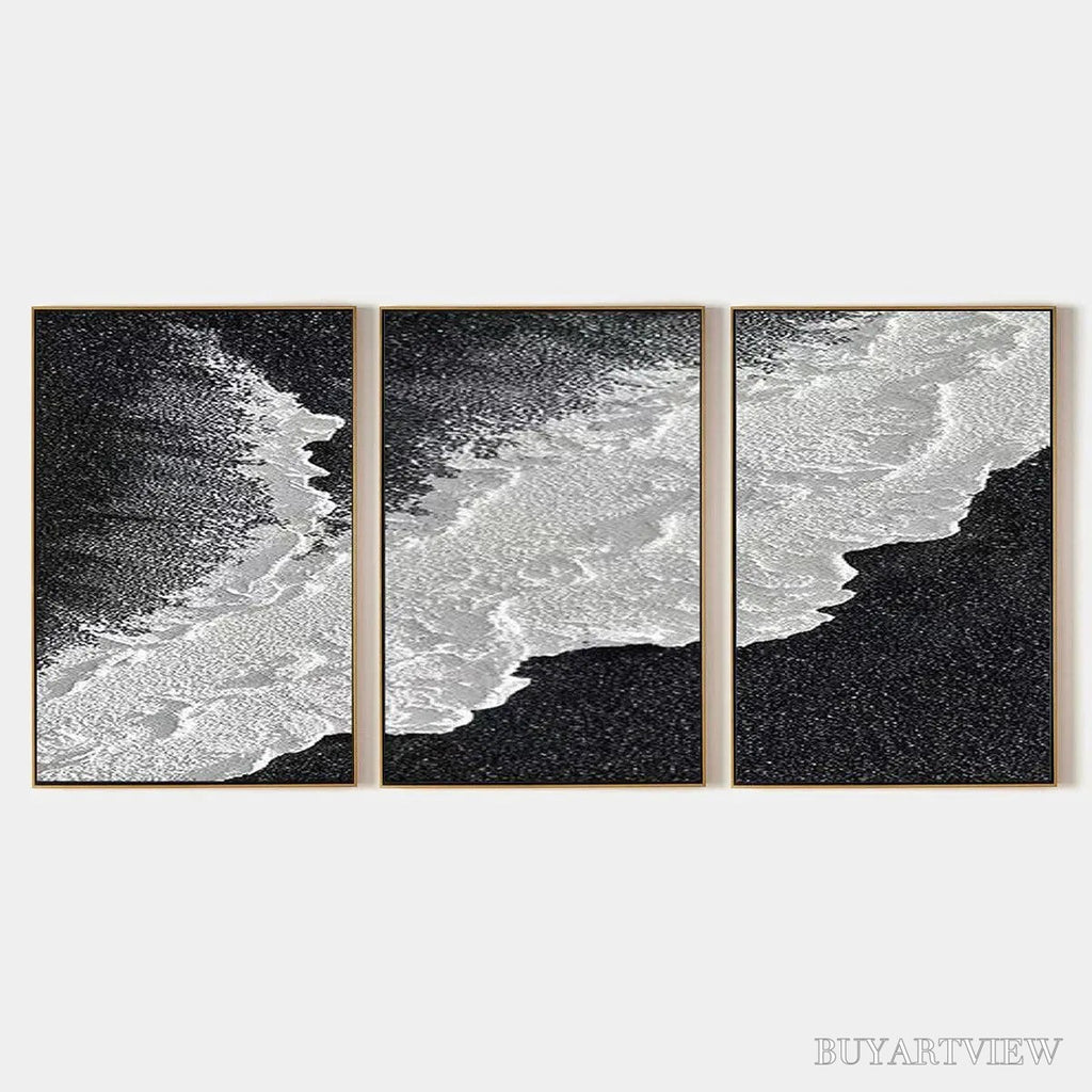 ARTOVITAS Black & White Ocean Triptych – Abstract Ocean Painting Set of 3, Vertical - image 1