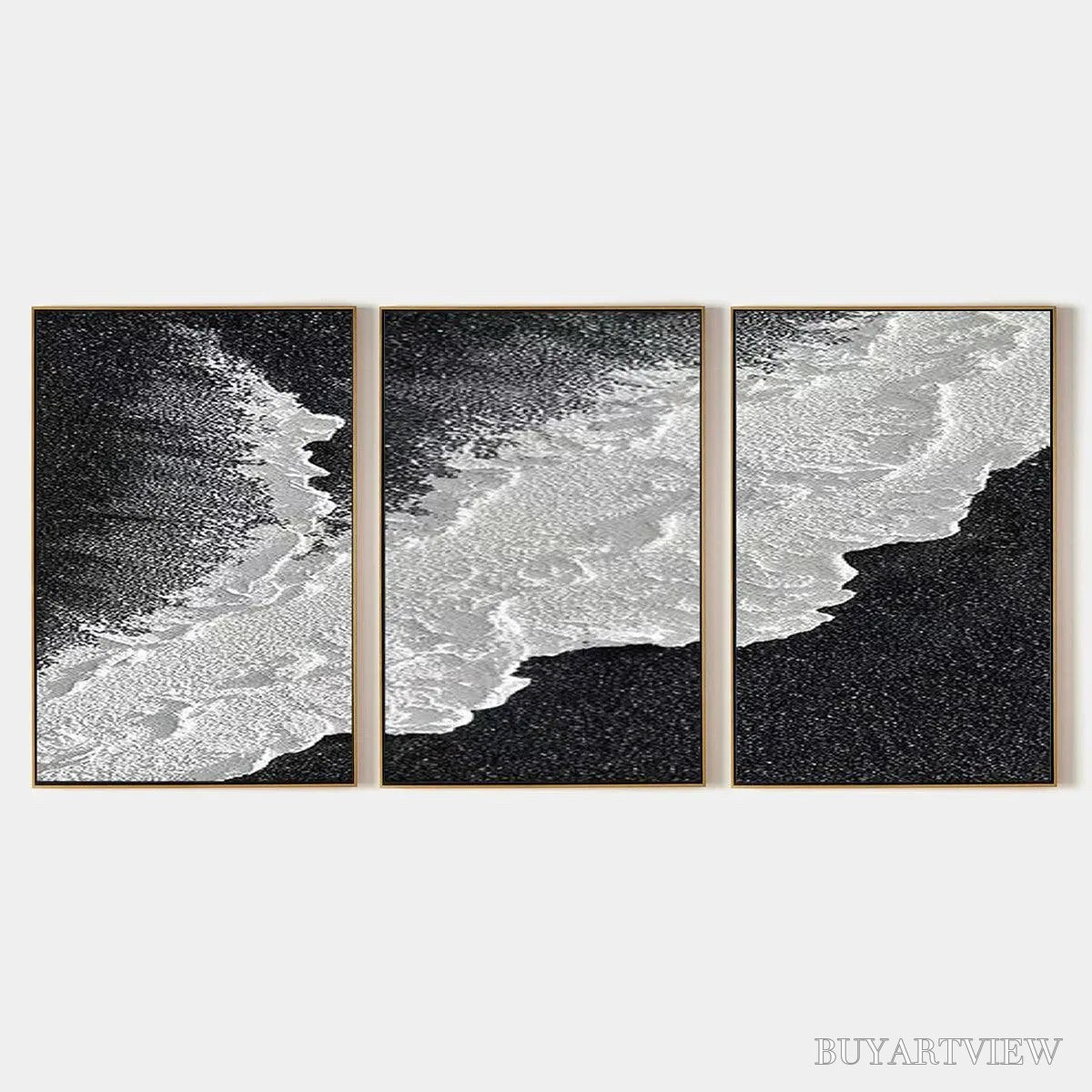 ARTOVITAS Black & White Ocean Triptych – Abstract Ocean Painting Set of 3, Vertical - image 1