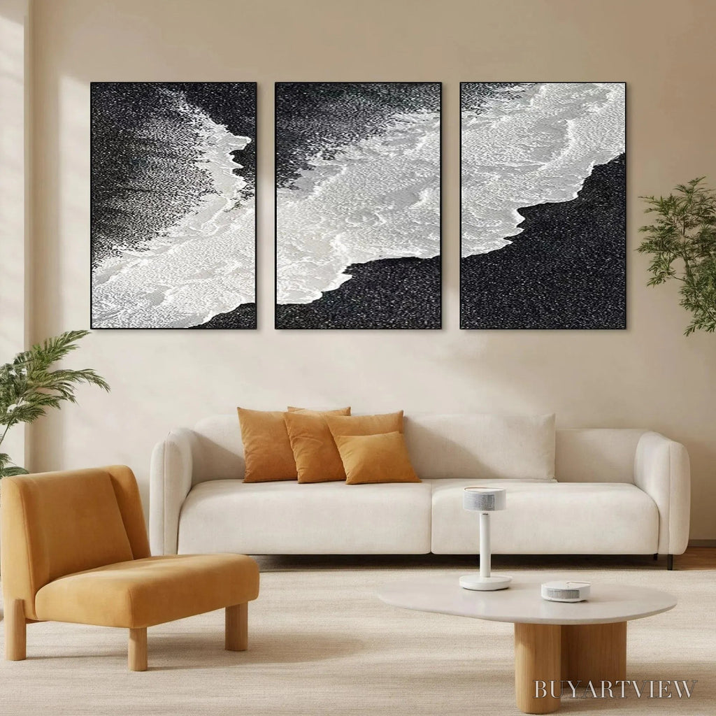 ARTOVITAS Black & White Ocean Triptych – Abstract Ocean Painting Set of 3, Vertical - image 2
