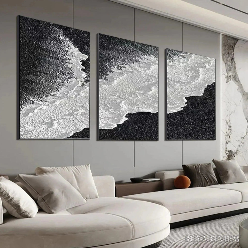 ARTOVITAS Black & White Ocean Triptych – Abstract Ocean Painting Set of 3, Vertical - image 3