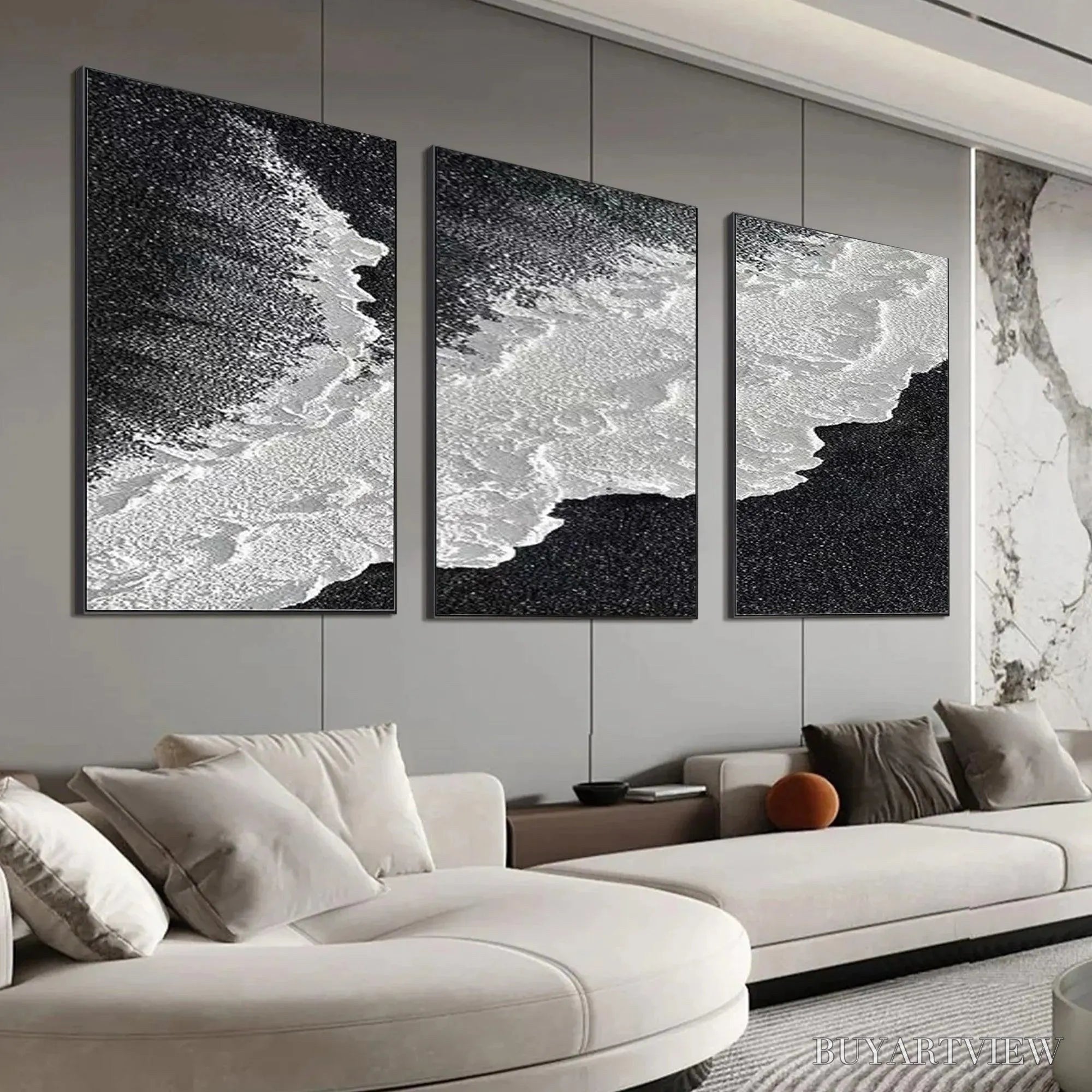 ARTOVITAS Black & White Ocean Triptych – Abstract Ocean Painting Set of 3, Vertical - image 3
