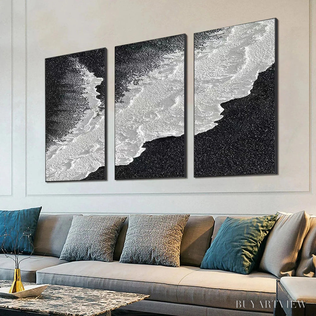 ARTOVITAS Black & White Ocean Triptych – Abstract Ocean Painting Set of 3, Vertical - image 5