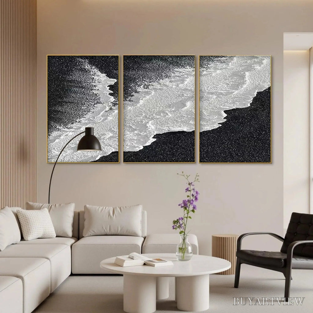ARTOVITAS Black & White Ocean Triptych – Abstract Ocean Painting Set of 3, Vertical - image 6
