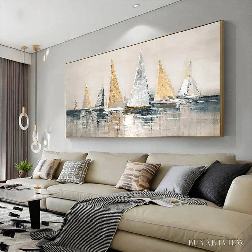 ARTOVITAS Golden Sailboats – Textured Seascape Painting, Horizontal - image 3