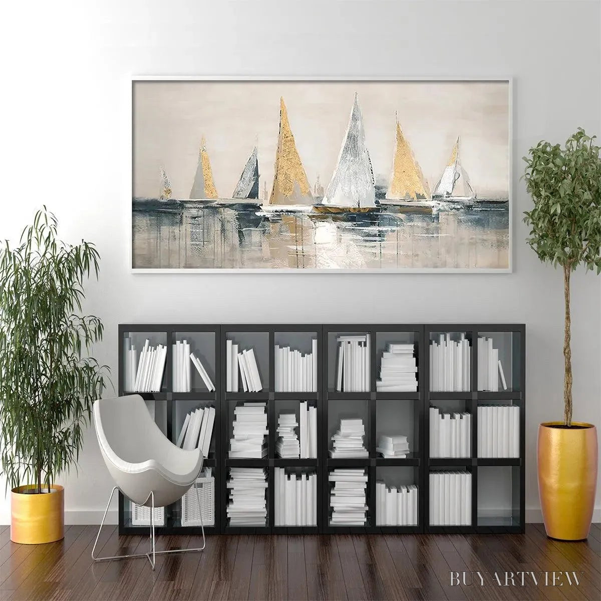 ARTOVITAS Golden Sailboats – Textured Seascape Painting, Horizontal - image 4