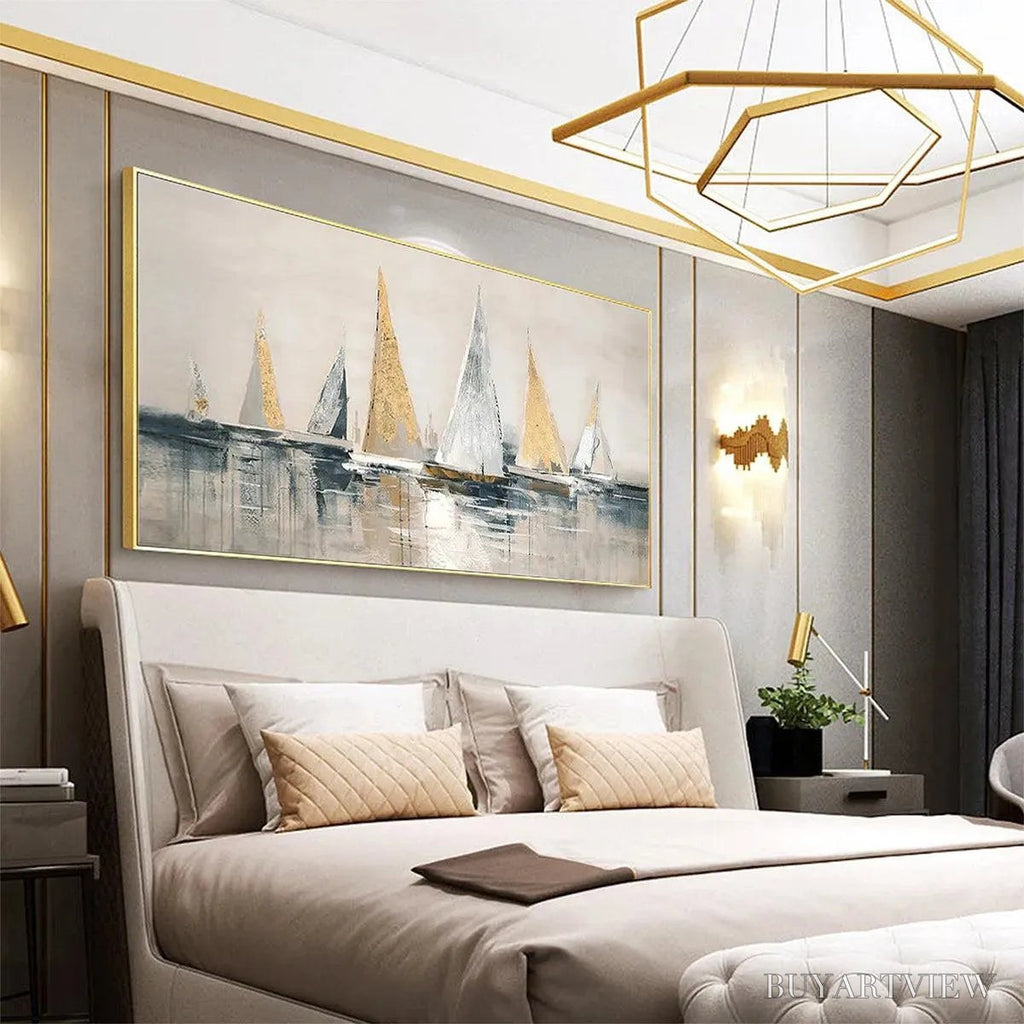 ARTOVITAS Golden Sailboats – Textured Seascape Painting, Horizontal - image 5