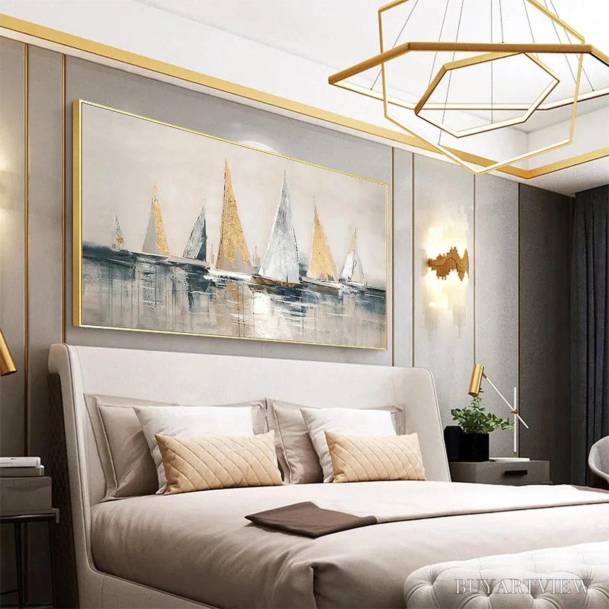 ARTOVITAS Golden Sailboats – Textured Seascape Painting, Horizontal - image 5