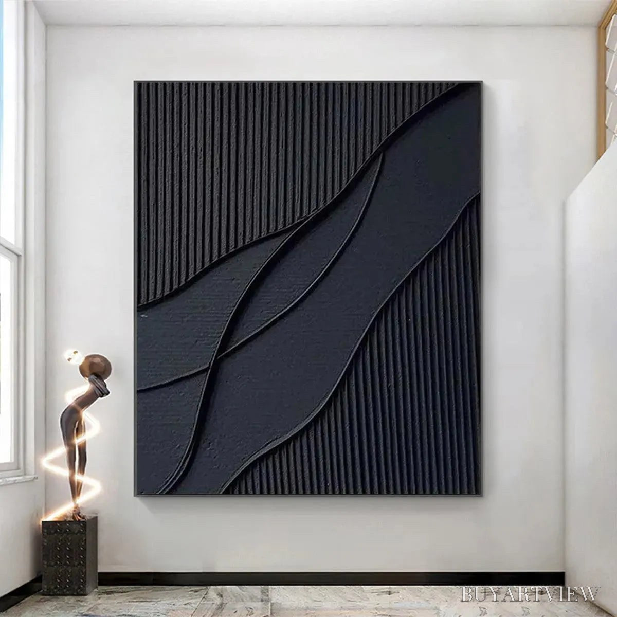 ARTOVITAS Black Textured Waves – Minimalist Textured Abstract Painting - image 2
