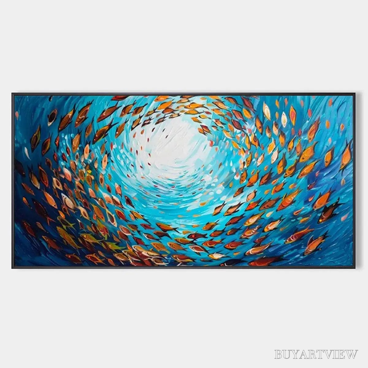 ARTOVITAS Oceanic Whirl – Dynamic School of Fish Painting, Horizontal - image 1