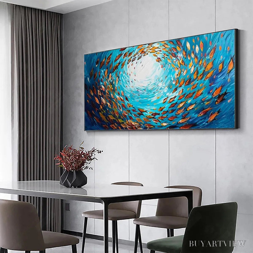 ARTOVITAS Oceanic Whirl – Dynamic School of Fish Painting, Horizontal - image 2