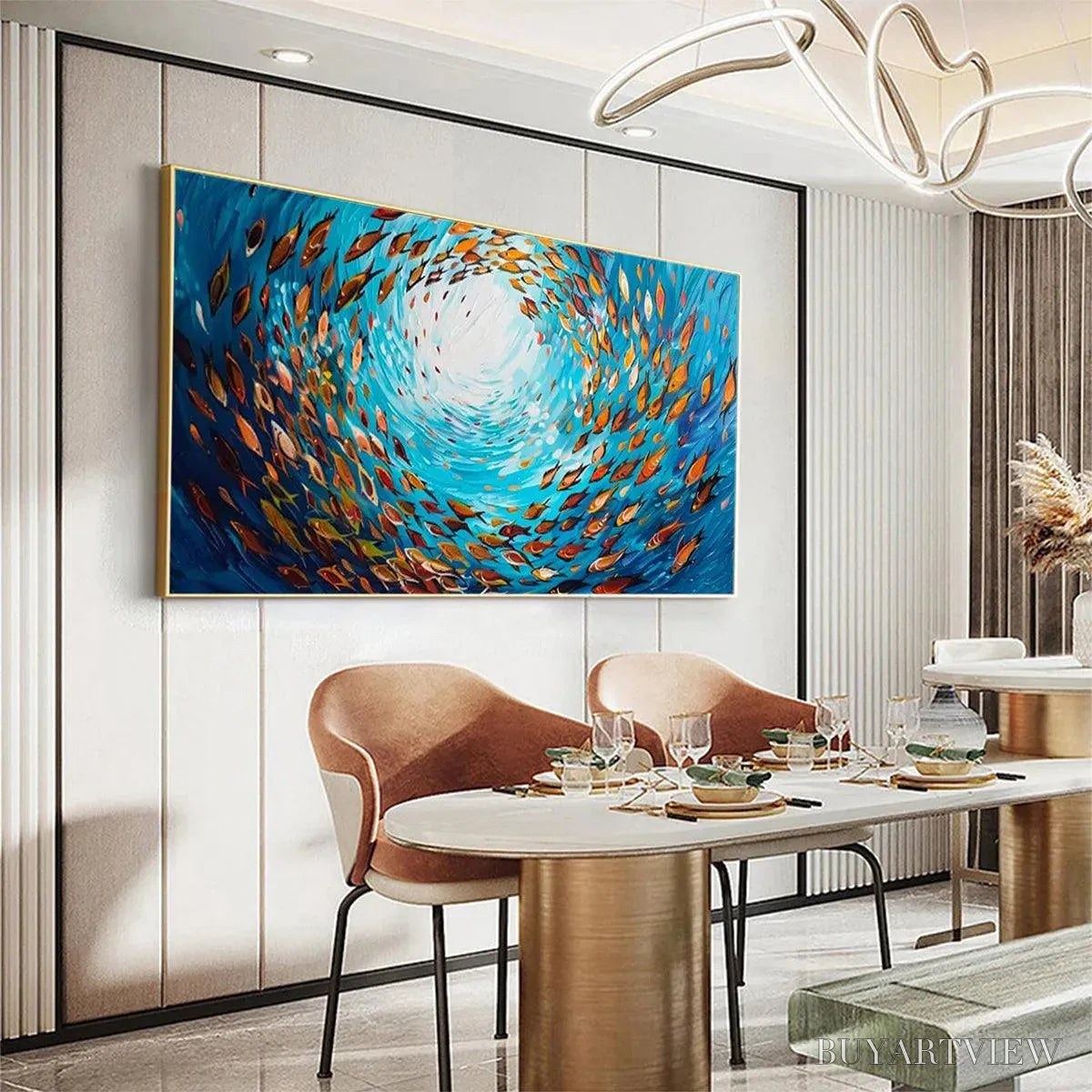 ARTOVITAS Oceanic Whirl – Dynamic School of Fish Painting, Horizontal - image 4