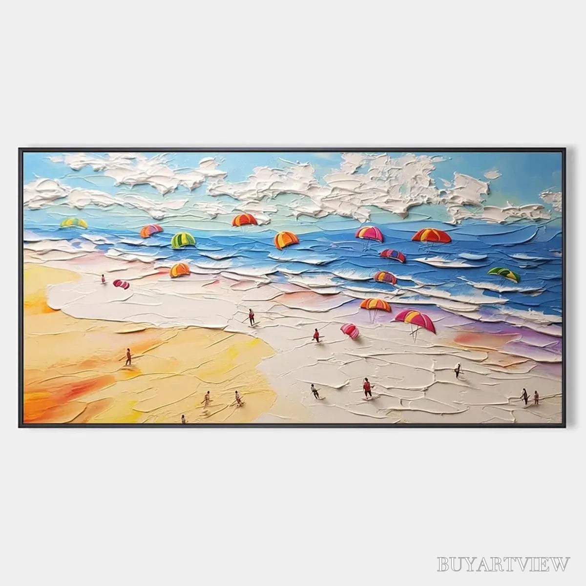ARTOVITAS Seaside Celebration – Textured Impasto Beach Painting with Colorful Umbrellas - image 1