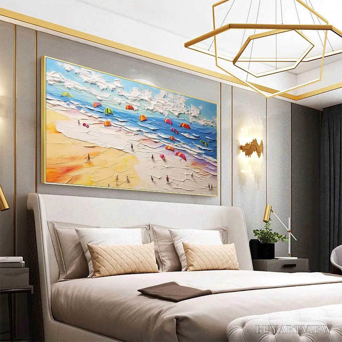 ARTOVITAS Seaside Celebration – Textured Impasto Beach Painting with Colorful Umbrellas - image 2
