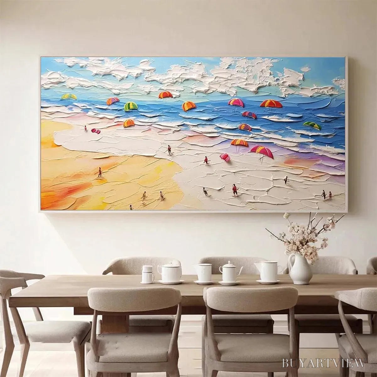 ARTOVITAS Seaside Celebration – Textured Impasto Beach Painting with Colorful Umbrellas - image 4