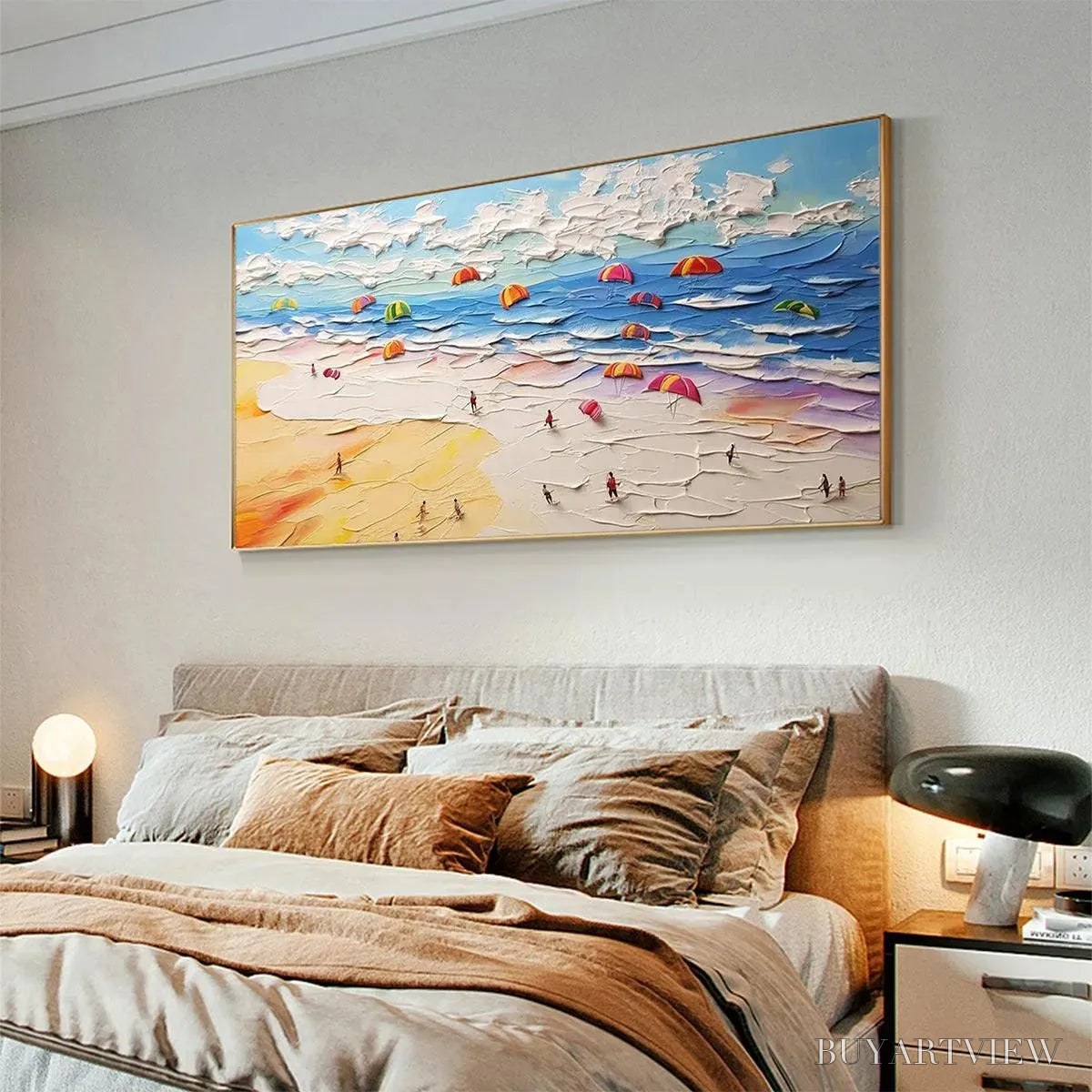ARTOVITAS Seaside Celebration – Textured Impasto Beach Painting with Colorful Umbrellas - image 5