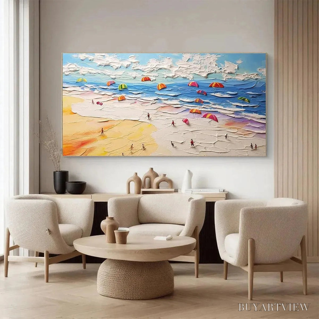ARTOVITAS Seaside Celebration – Textured Impasto Beach Painting with Colorful Umbrellas - image 6