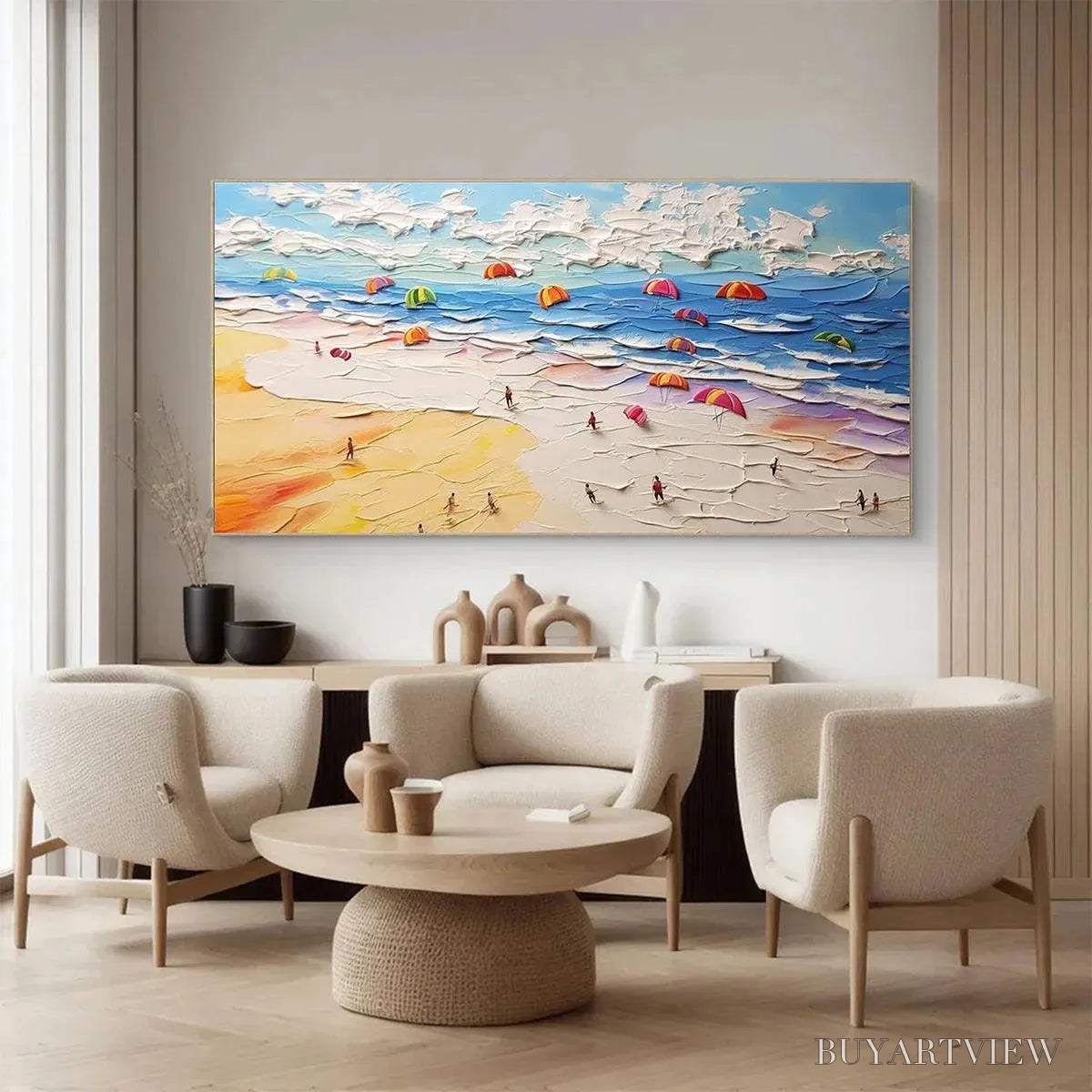 ARTOVITAS Seaside Celebration – Textured Impasto Beach Painting with Colorful Umbrellas - image 6