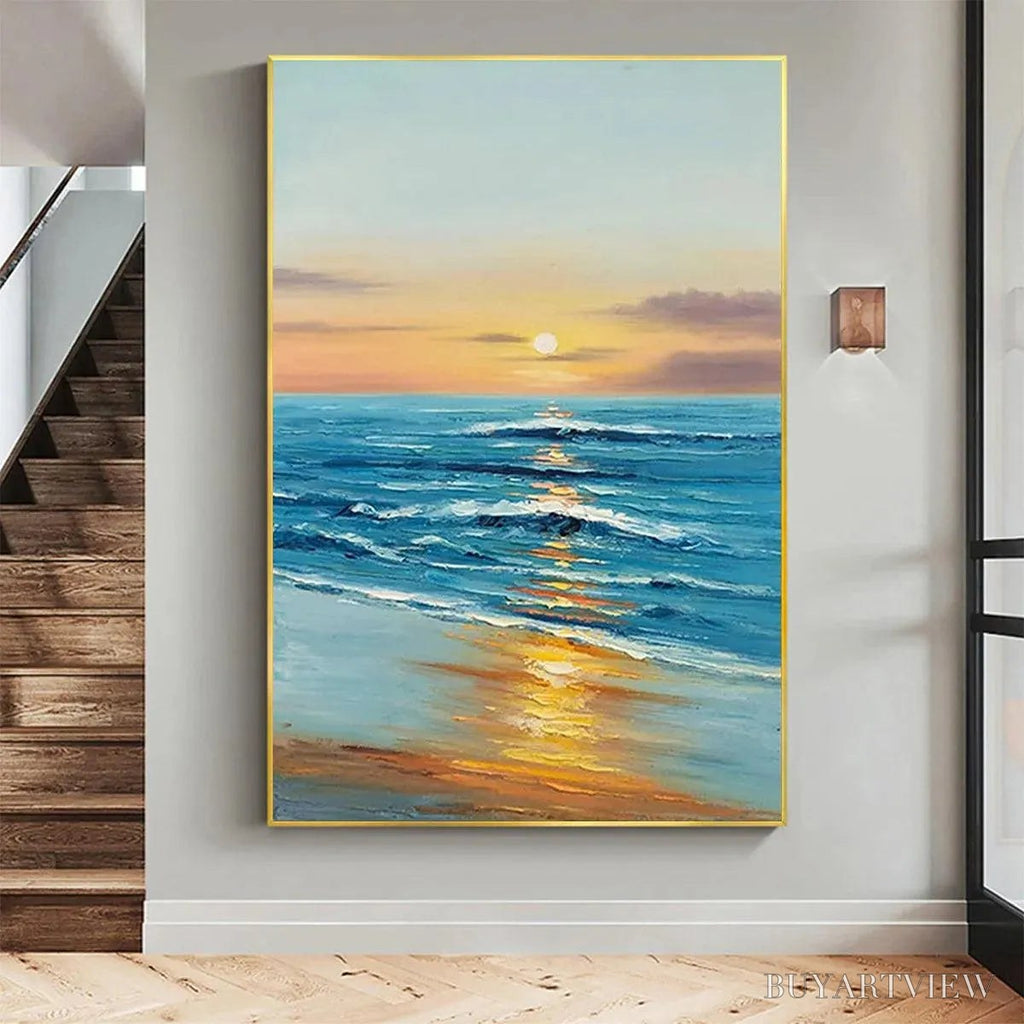 ARTOVITAS Sunkissed Shores – Vertical Ocean Sunset Painting, Beach - image 2