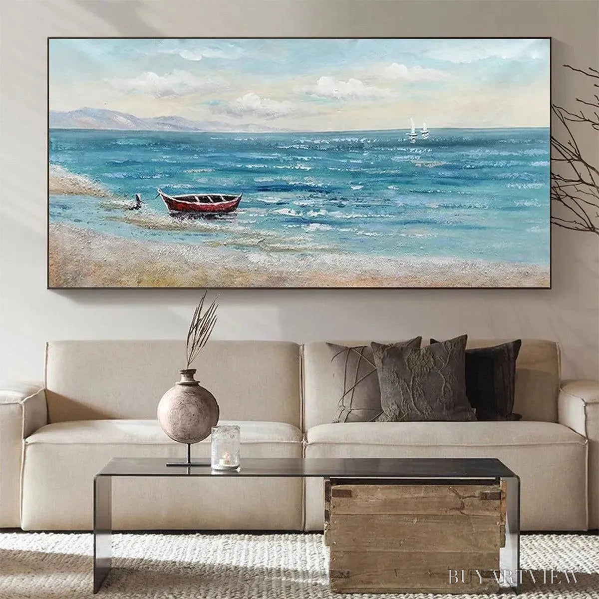 ARTOVITAS Red Boat At the Shore – Tranquil Coastal Landscape Painting - image 2