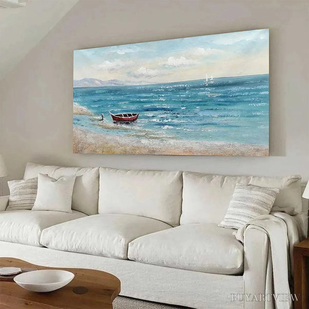 ARTOVITAS Red Boat At the Shore – Tranquil Coastal Landscape Painting - image 4