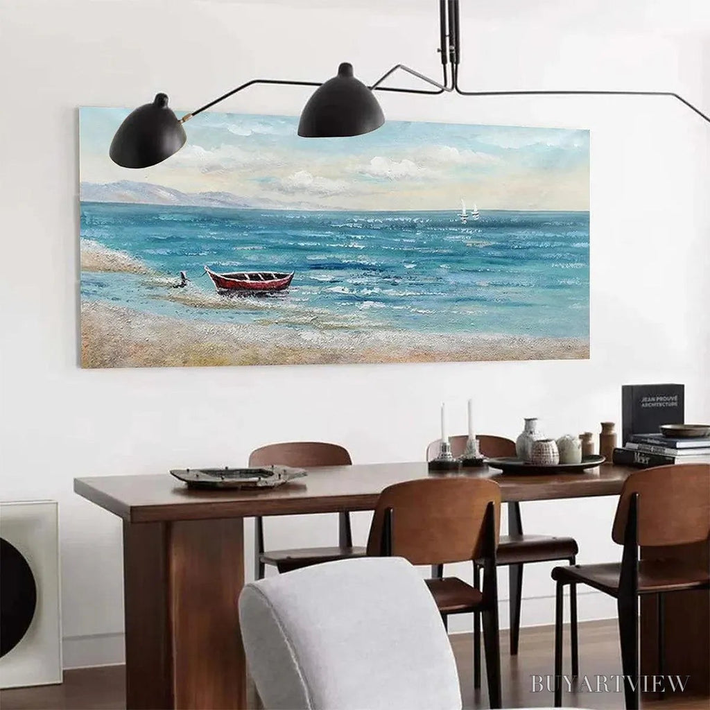 ARTOVITAS Red Boat At the Shore – Tranquil Coastal Landscape Painting - image 6
