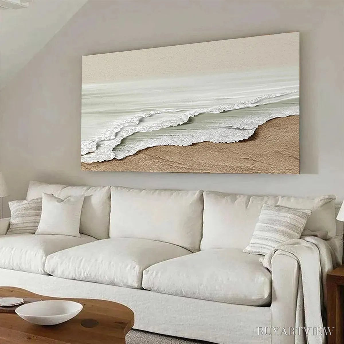 ARTOVITAS Serene Shore – Textured Coastal Landscape Painting in Beige - image 4
