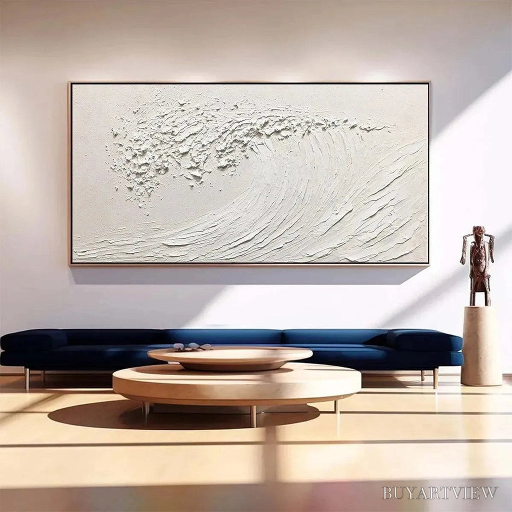 ARTOVITAS White Wave – Textured Minimalist Ocean Wave Painting in White - image 2
