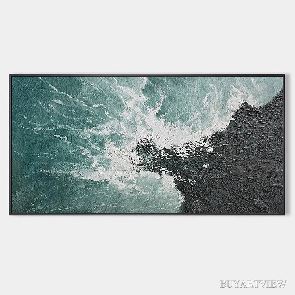 ARTOVITAS Turquoise Crash – Textured Abstract Seascape Painting in Teal and Black - image 1