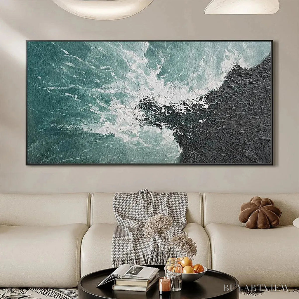 ARTOVITAS Turquoise Crash – Textured Abstract Seascape Painting in Teal and Black - image 2