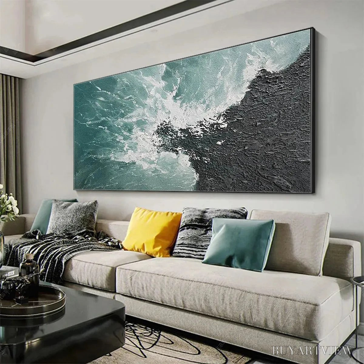 ARTOVITAS Turquoise Crash – Textured Abstract Seascape Painting in Teal and Black - image 4