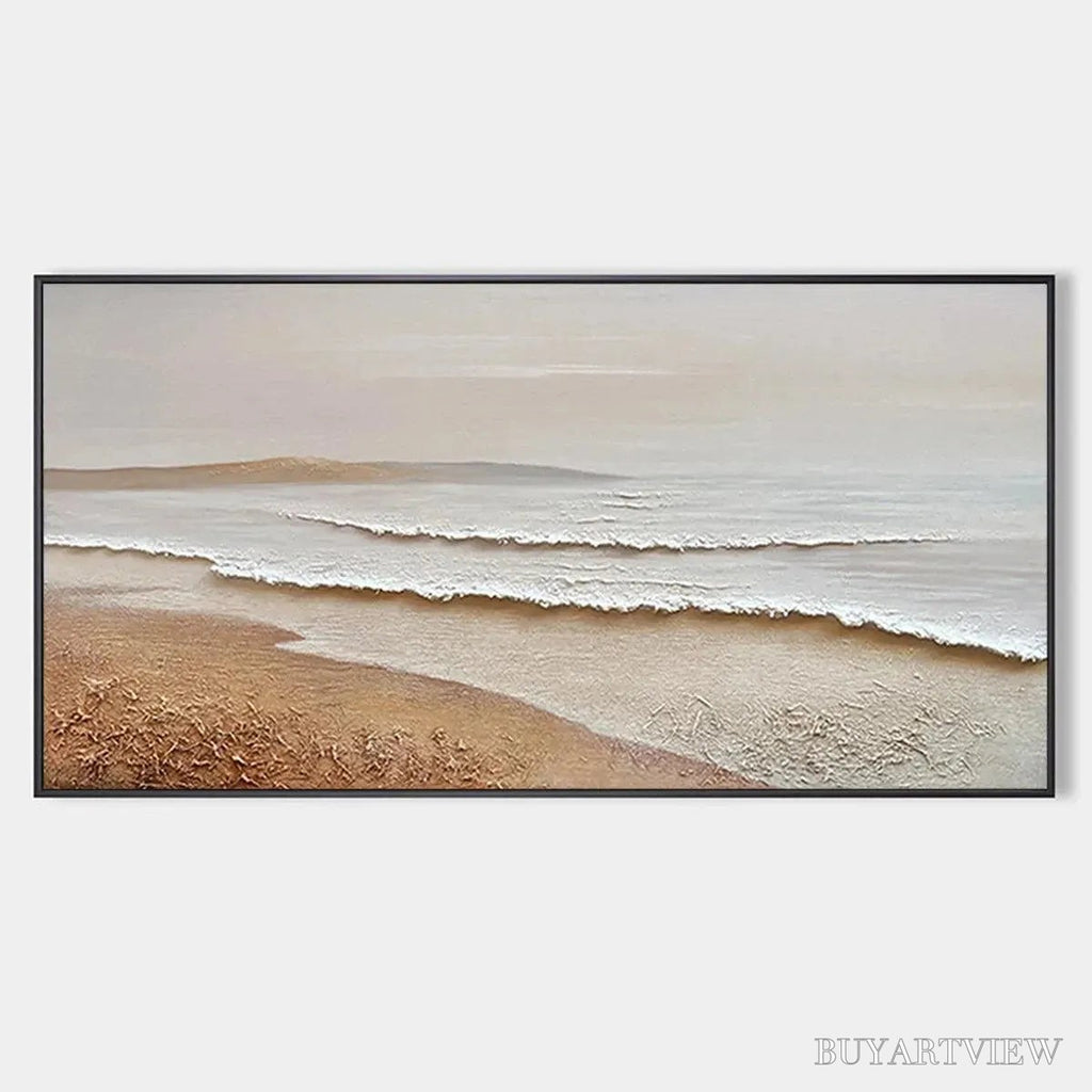 ARTOVITAS Whispering Tides – Textured Coastal Landscape Painting in Beige and White - image 1