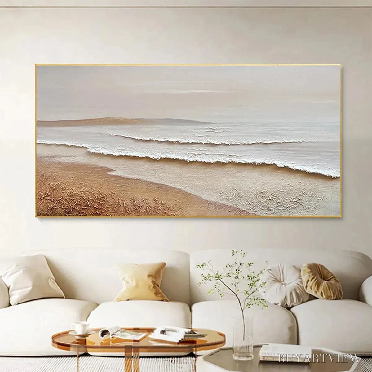 ARTOVITAS Whispering Tides – Textured Coastal Landscape Painting in Beige and White - image 2