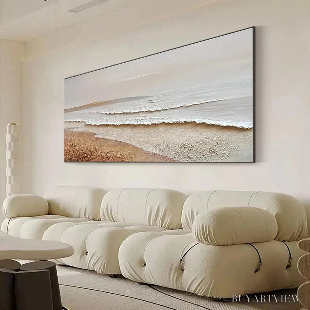 ARTOVITAS Whispering Tides – Textured Coastal Landscape Painting in Beige and White - image 4