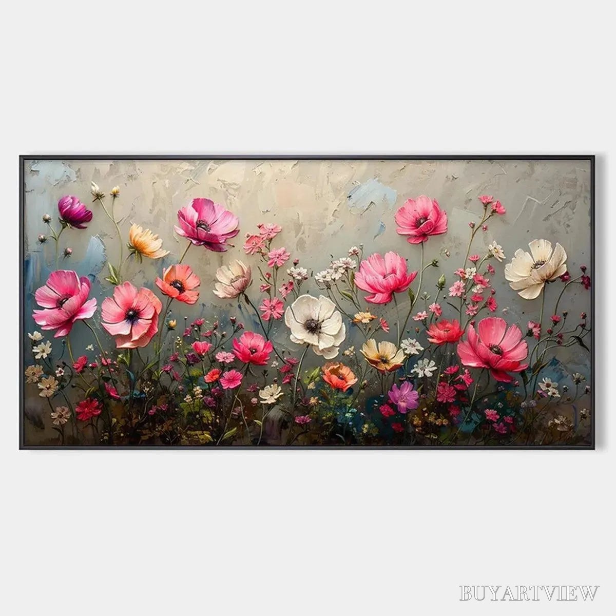 ARTOVITAS Summer Bloom – Textured Pink and White Floral Painting on Grey Background - image 1